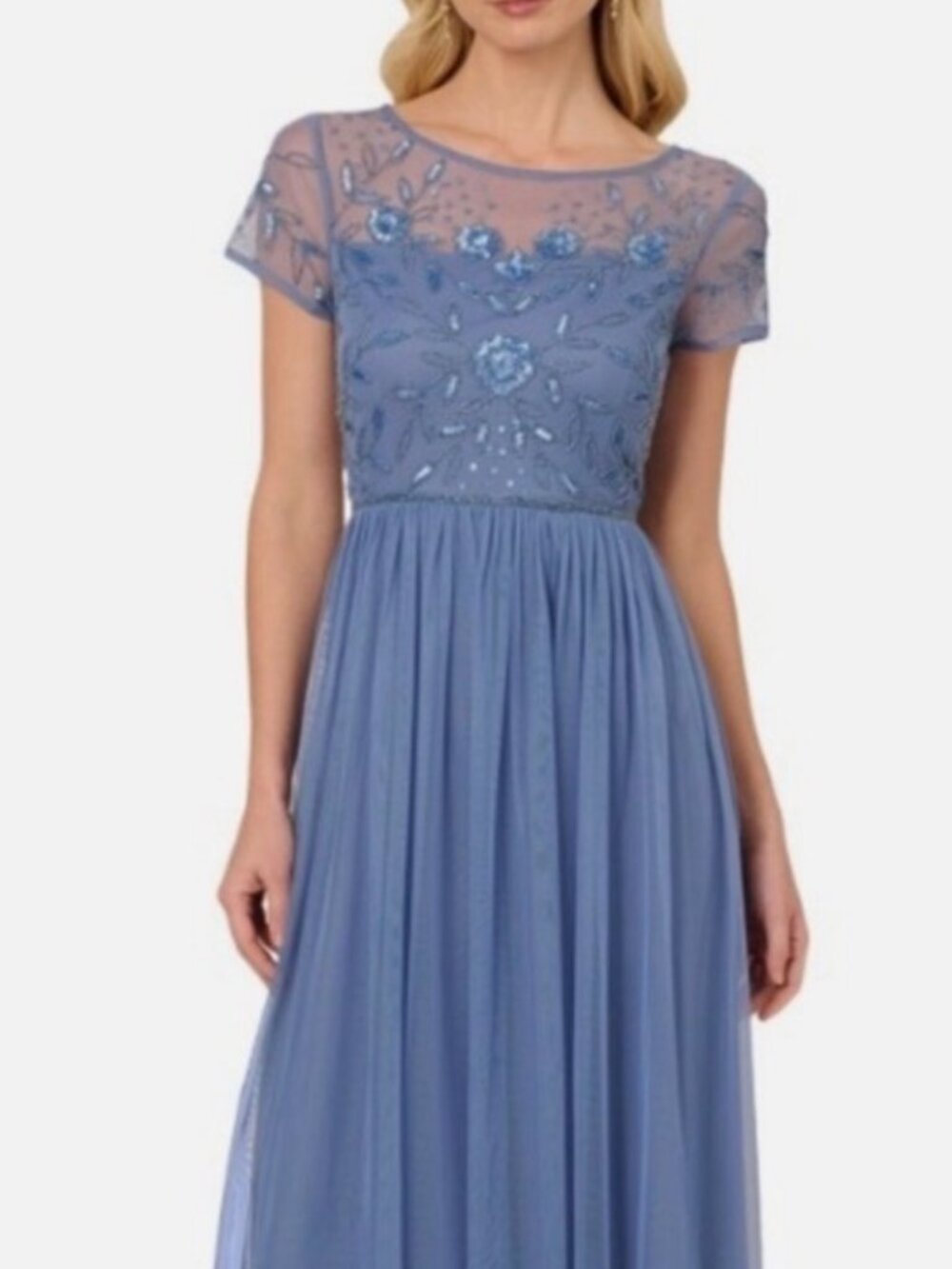NWT Papell Studio Beaded Mesh Shirred Gown Maxi Dress in French Blue. Size 12.